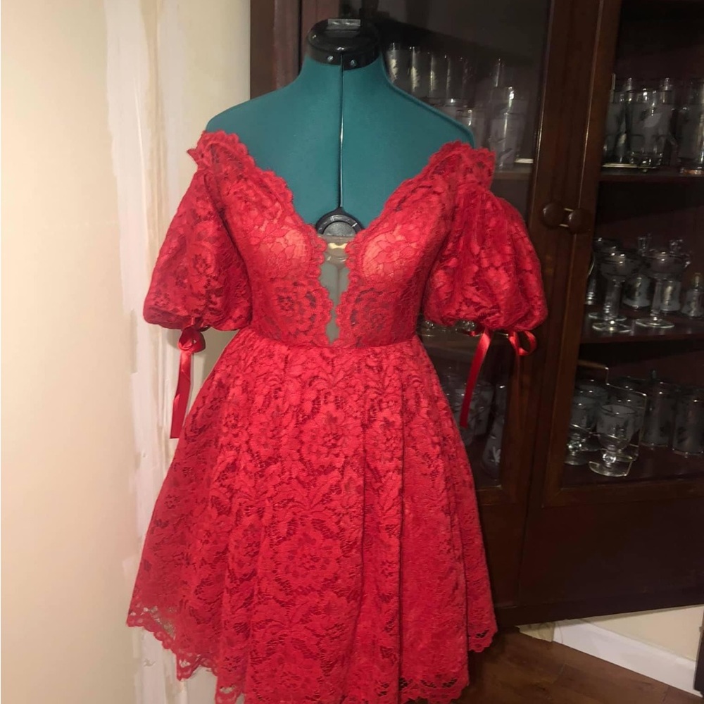 Tarik Ediz Vibrant Red Lace Mini Dress